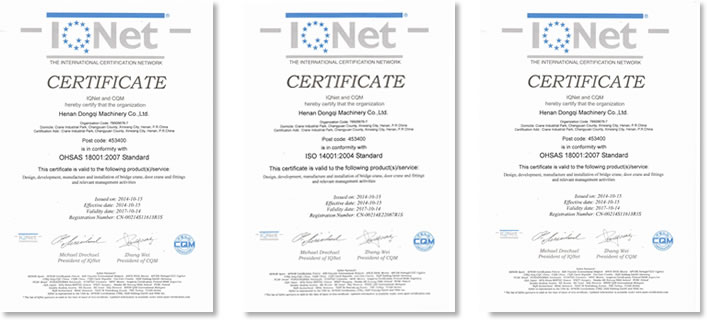 Dongqi Crane ISO Certificates