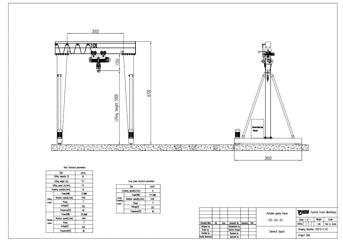 Drawing of 10tn portable gantry crane