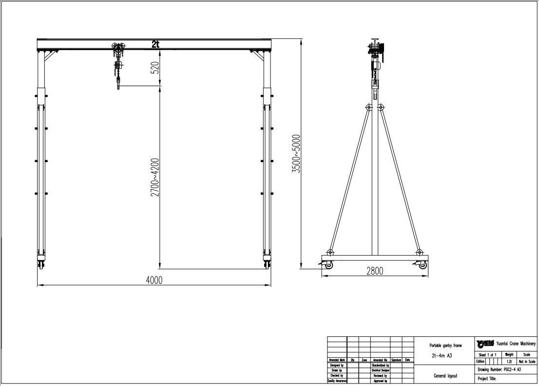 Plano de grúa pórtico portátil 2t