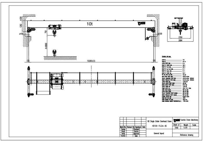 10 Ton Single Girder Overhead Crane Drawing