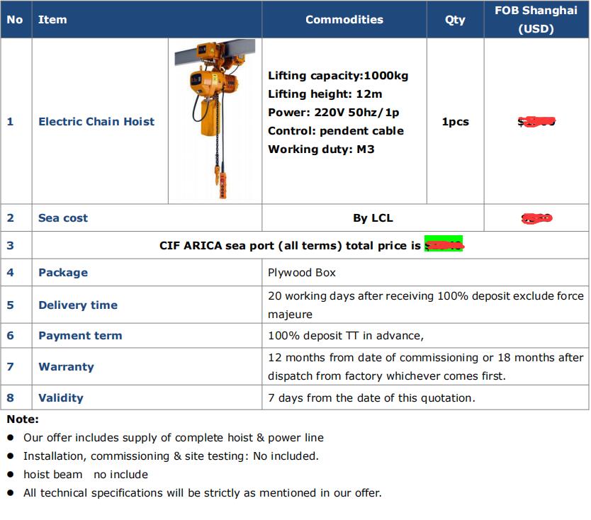 Quote for 1 Ton 12M Electric Chain Hoist: